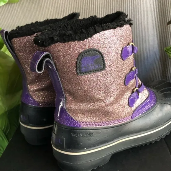 SOREL winter snow boots purple pink metallic glitter black rubber soles rainboot