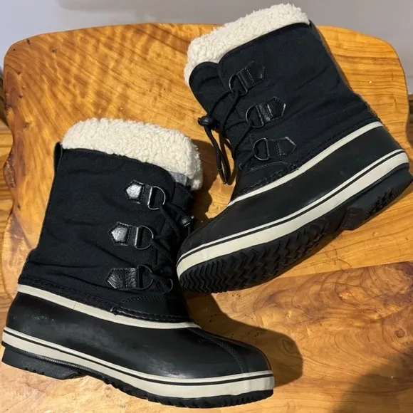 Sorel Winter Snow Insulated Boots Black White Faux Fur Removable Liners