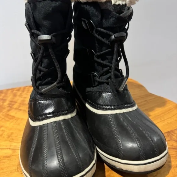Sorel Winter Snow Insulated Boots Black White Faux Fur Removable Liners
