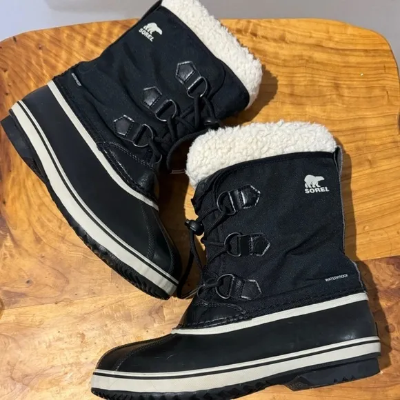 Sorel Winter Snow Insulated Boots Black White Faux Fur Removable Liners