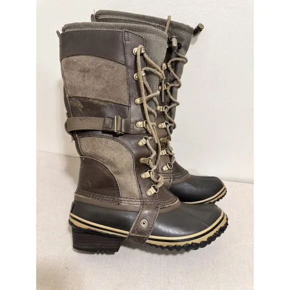 Sorel Womens Carly Conquest Snow Boots Camo Brown Lined Winter Shoe Size 7