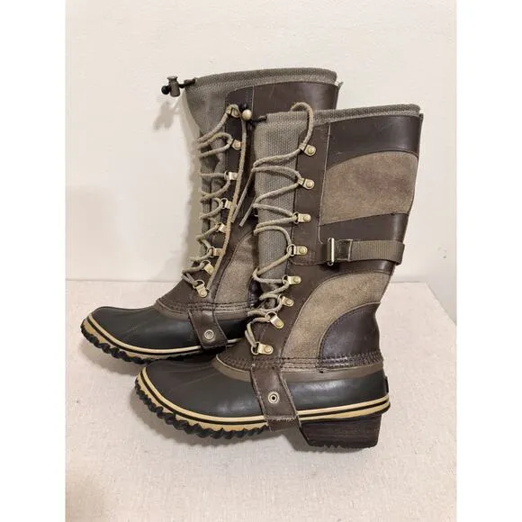 Sorel Womens Carly Conquest Snow Boots Camo Brown Lined Winter Shoe Size 7