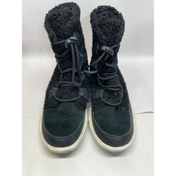 Sorel Women's Explorer Joan Cozy Winter Boots in Black/White Women's Size 6