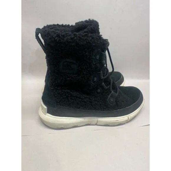 Sorel Women's Explorer Joan Cozy Winter Boots in Black/White Women's Size 6