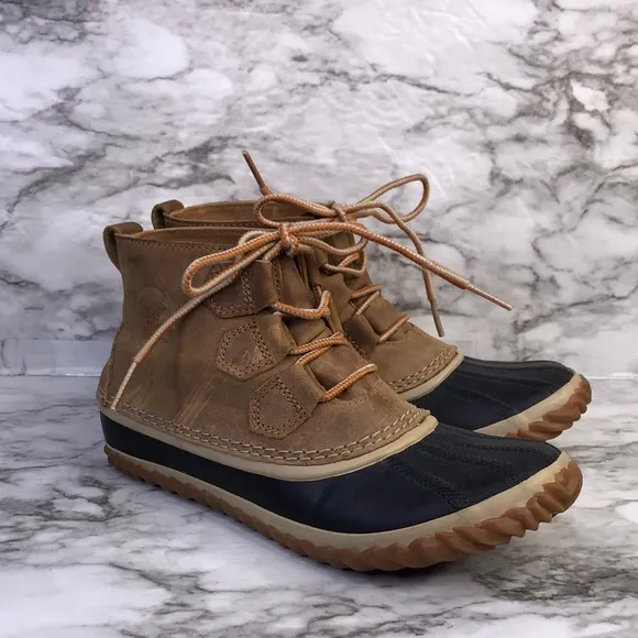 Sorel Women’s Out 'N About Brown Leather Rubber Lace Duck Boots waterproof Sz7.5