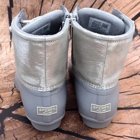 Sperry Duck Boots Saltwater Silver Leather Laces Comfort Ankle Top STS87902 Sz 8