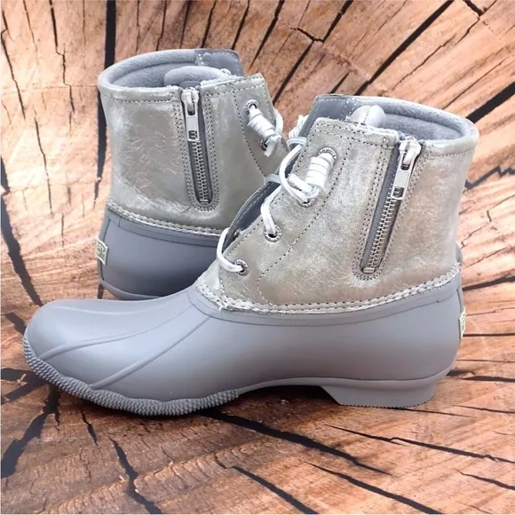Sperry Duck Boots Saltwater Silver Leather Laces Comfort Ankle Top STS87902 Sz 8