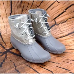 Sperry Duck Boots Saltwater Silver Leather Laces Comfort Ankle Top STS87902 Sz 8