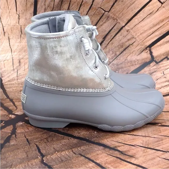 Sperry Duck Boots Saltwater Silver Leather Laces Comfort Ankle Top STS87902 Sz 8