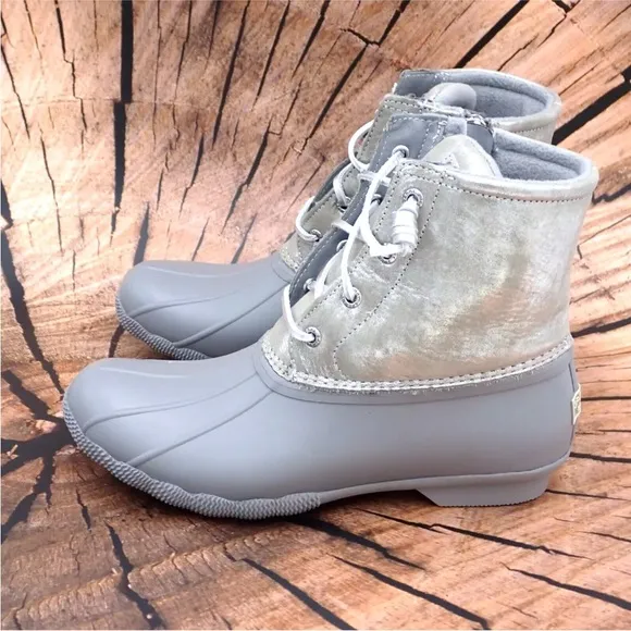 Sperry Duck Boots Saltwater Silver Leather Laces Comfort Ankle Top STS87902 Sz 8