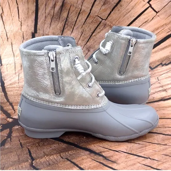 Sperry Duck Boots Saltwater Silver Leather Laces Comfort Ankle Top STS87902 Sz 8