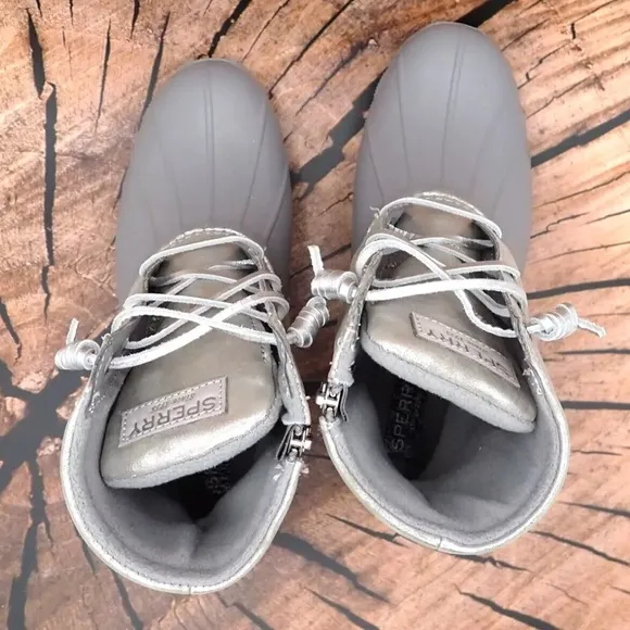 Sperry Duck Boots Saltwater Silver Leather Laces Comfort Ankle Top STS87902 Sz 8