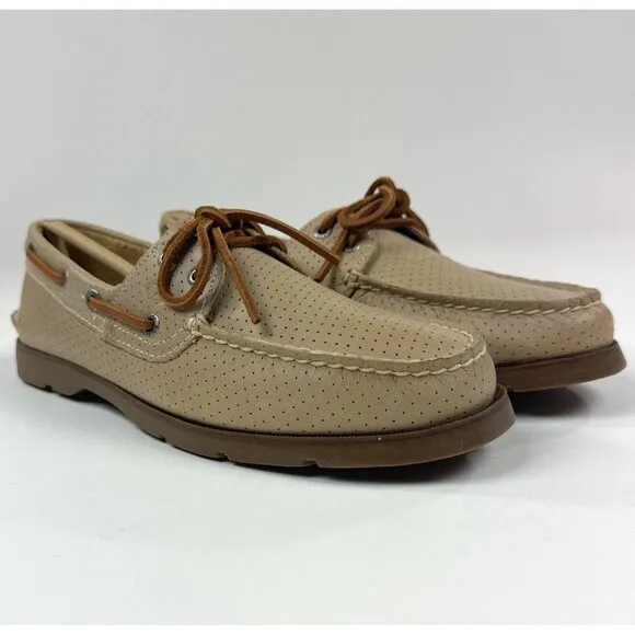 Sperry Top-Sider Leeward Off White 2-Eye Mens Perforated Boat Shoes Tan Brown