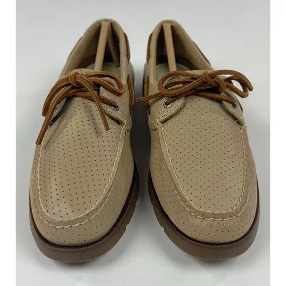 Sperry Top-Sider Leeward Off White 2-Eye Mens Perforated Boat Shoes Tan Brown