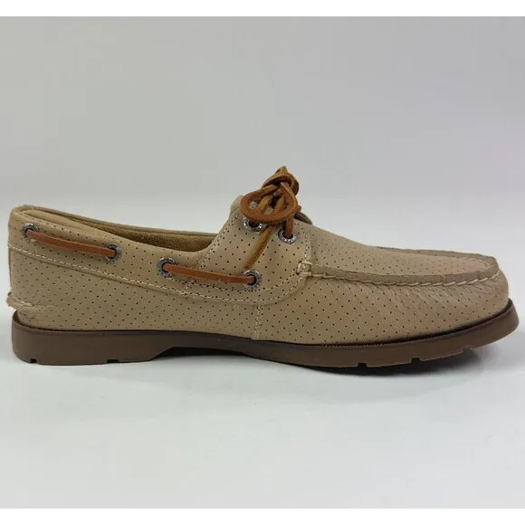 Sperry Top-Sider Leeward Off White 2-Eye Mens Perforated Boat Shoes Tan Brown