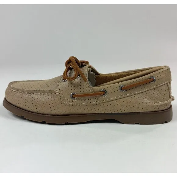 Sperry Top-Sider Leeward Off White 2-Eye Mens Perforated Boat Shoes Tan Brown