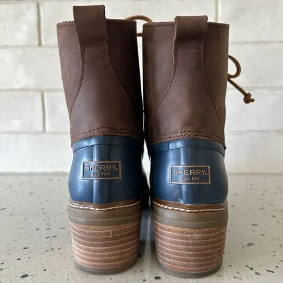 Sperry Women's Saltwater Brown/Navy Leather/Rubber Duck Rain Boots Heel Size 10