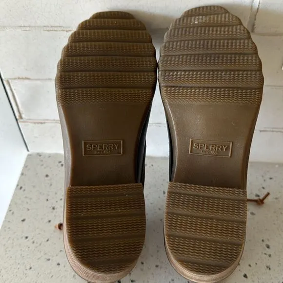 Sperry Women's Saltwater Brown/Navy Leather/Rubber Duck Rain Boots Heel Size 10