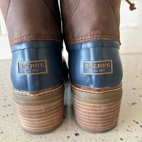 Sperry Women's Saltwater Brown/Navy Leather/Rubber Duck Rain Boots Heel Size 10