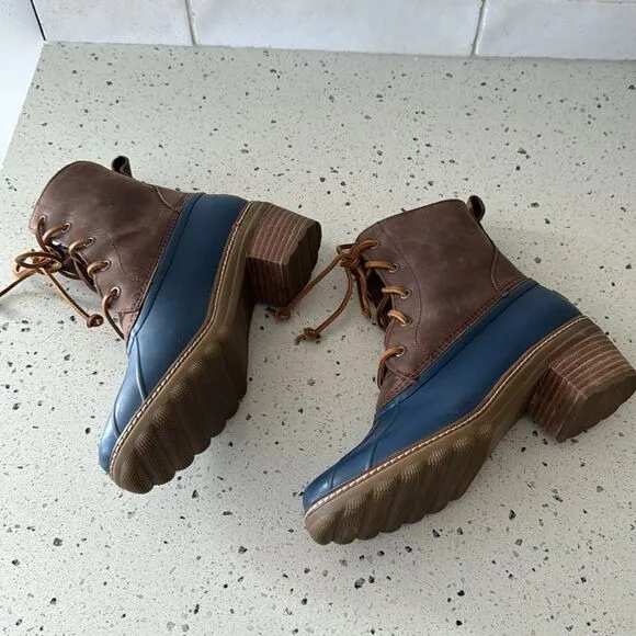 Sperry Women's Saltwater Brown/Navy Leather/Rubber Duck Rain Boots Heel Size 10