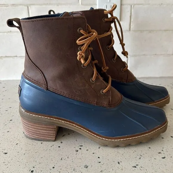 Sperry Women's Saltwater Brown/Navy Leather/Rubber Duck Rain Boots Heel Size 10