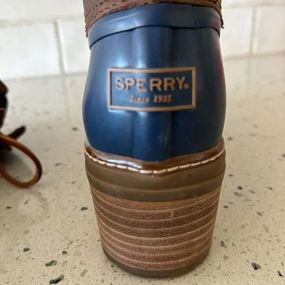 Sperry Women's Saltwater Brown/Navy Leather/Rubber Duck Rain Boots Heel Size 10