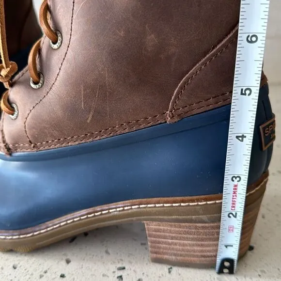 Sperry Women's Saltwater Brown/Navy Leather/Rubber Duck Rain Boots Heel Size 10