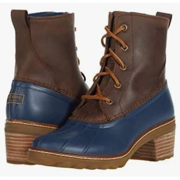 Sperry Women's Saltwater Brown/Navy Leather/Rubber Duck Rain Boots Heel Size 10
