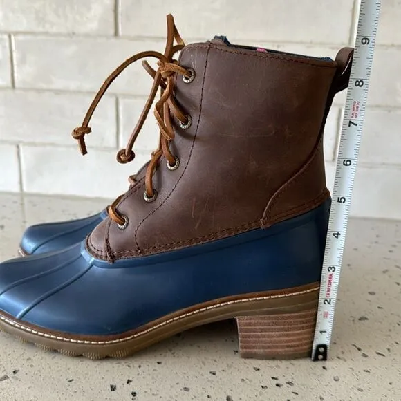 Sperry Women's Saltwater Brown/Navy Leather/Rubber Duck Rain Boots Heel Size 10