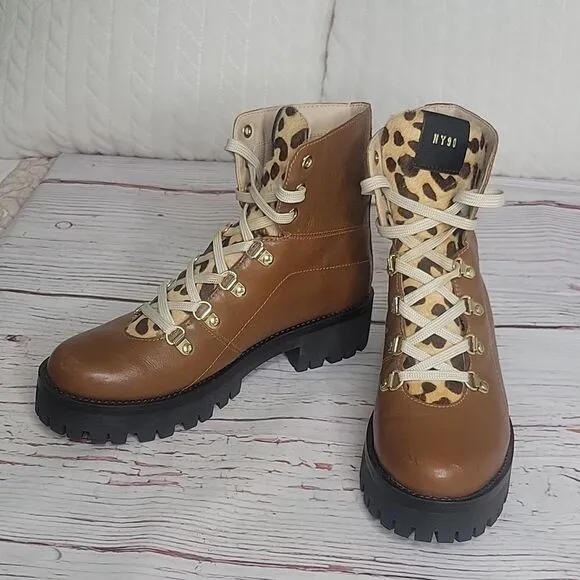 STEVE MADDEN Brown Leather Boots with Leopard Print Size 9