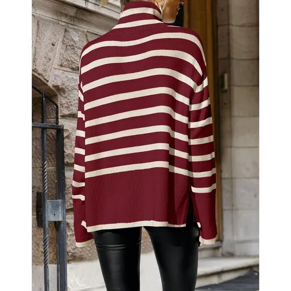 Striped Mock Neck Sweater NEW Womens XL Maroon White Side Slit Casual  Oversized