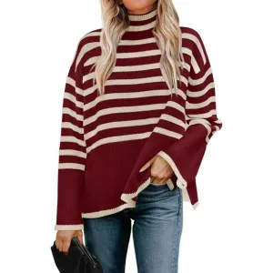 Striped Mock Neck Sweater NEW Womens XL Maroon White Side Slit Casual  Oversized