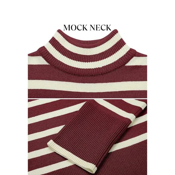 Striped Mock Neck Sweater NEW Womens XL Maroon White Side Slit Casual  Oversized