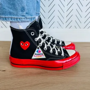 ❤️Sz 7 Converse Chuck 70 Hi Comme Des Garçons Play Women Shoes Black Red A01793C