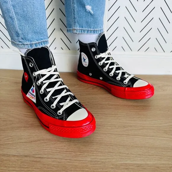 ❤️Sz 7 Converse Chuck 70 Hi Comme Des Garçons Play Women Shoes Black Red A01793C