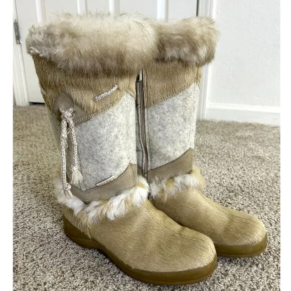 Tecnica Alaska Winter Boots Women 8 Insulated Cowhide Rabbit fur Suede Ski Tan