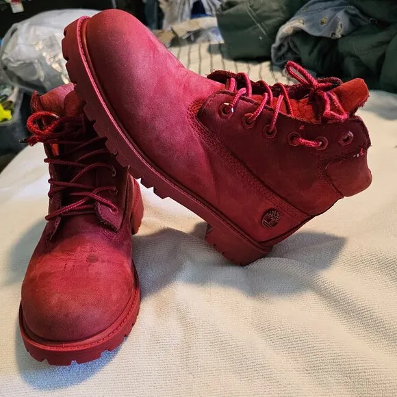 Timberland Boots Premium 6-Inch Lace-Up Waterproof Boots Red Nubuck Size 2.5