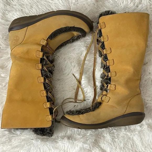 Timberland Wheat Leather Faux Fur Lined Tall Lace Up Winter Boots