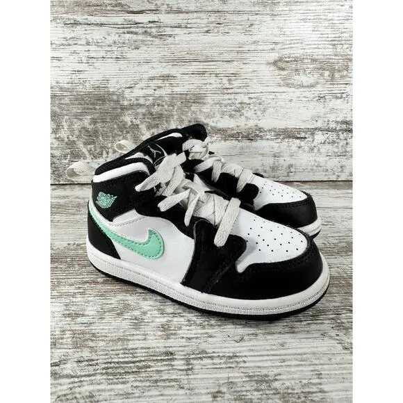 Toddler Nike Air Jordan 1 Mid 'Green Glow' Black/White/Green Sneakers Sz 8C
