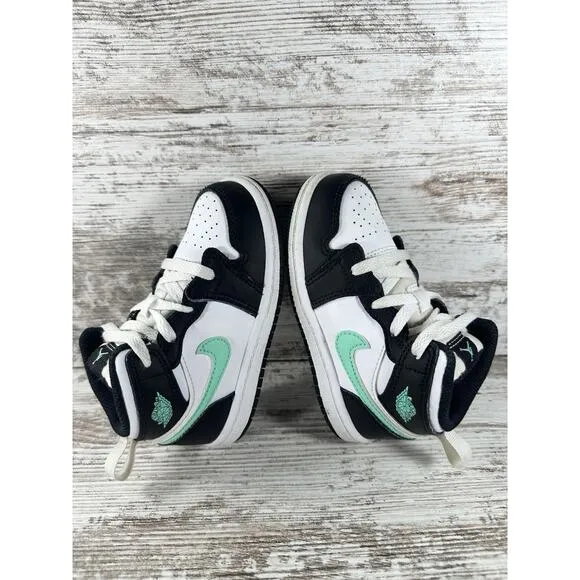Toddler Nike Air Jordan 1 Mid 'Green Glow' Black/White/Green Sneakers Sz 8C