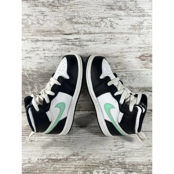 Toddler Nike Air Jordan 1 Mid 'Green Glow' Black/White/Green Sneakers Sz 8C