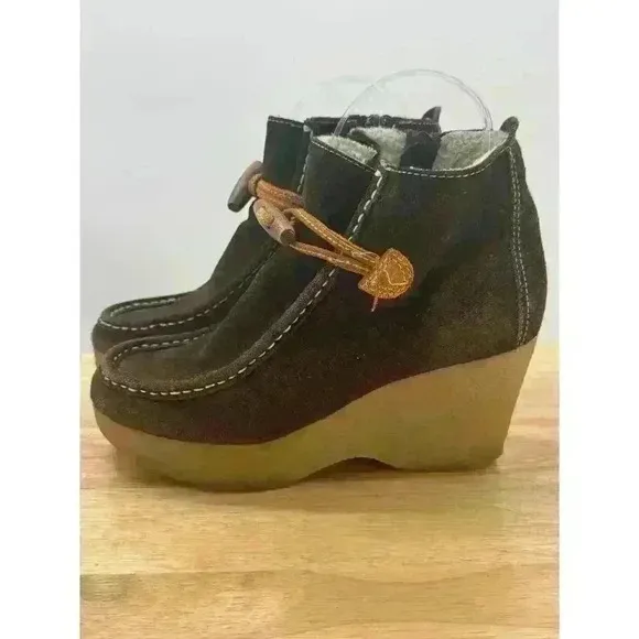 Tommy Girl Brown Suede Wedge Ankle Boots Sherpa Lined Women's Sz 7 Stylish