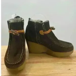 Tommy Girl Brown Suede Wedge Ankle Boots Sherpa Lined Women's Sz 7 Stylish