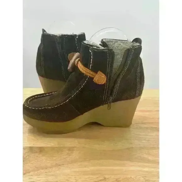 Tommy Girl Brown Suede Wedge Ankle Boots Sherpa Lined Women's Sz 7 Stylish