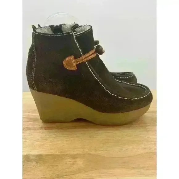 Tommy Girl Brown Suede Wedge Ankle Boots Sherpa Lined Women's Sz 7 Stylish