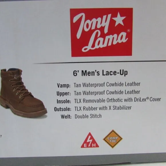 Tony Lama Men's 6&quot; Lace Up Conductor Composite Moc Toe Work Boots - Brown