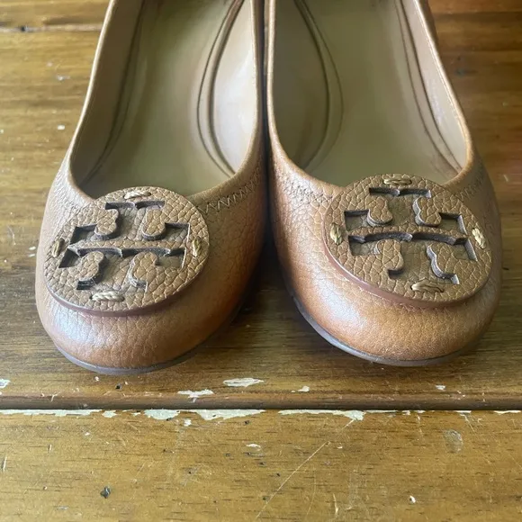 Tory Burch Brown Tan Leather Sally Wedge Pumps Heels Size 7.5