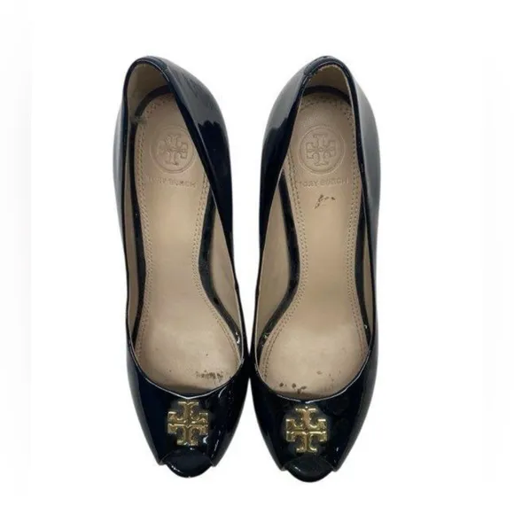 Tory Burch navy blue Wedge Peep-Toe Shoes Sz 8