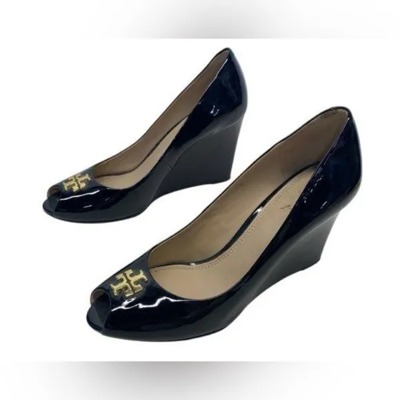 Tory Burch navy blue Wedge Peep-Toe Shoes Sz 8