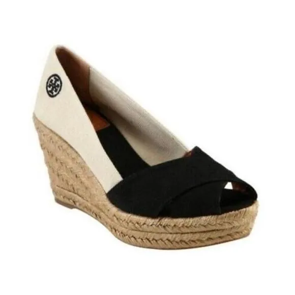 Tory Burch Peep Toe Espadrille Wedges Size 6